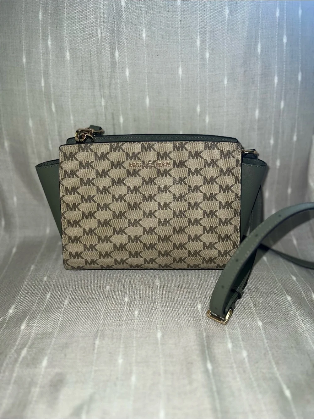 Michael Kors Beige MK Logo Crossbody with Olive Trim (NWT)